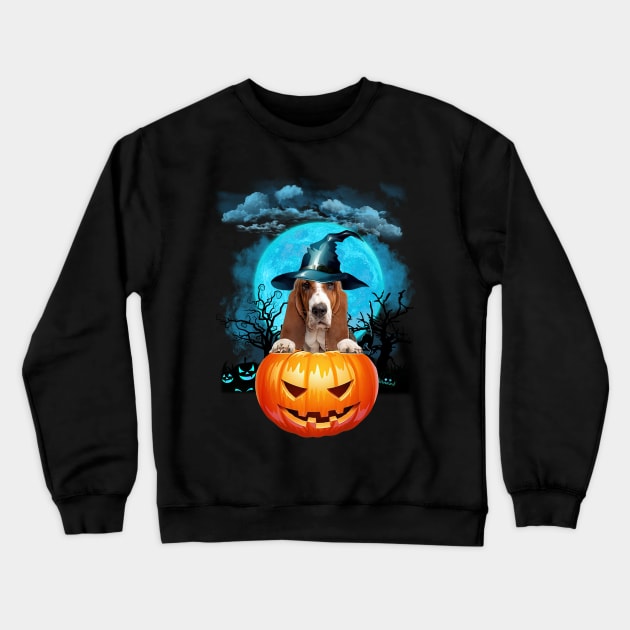 Basset Hound Witch Hat Pumpkin And Blue Moon Halloween Crewneck Sweatshirt by Centorinoruben.Butterfly